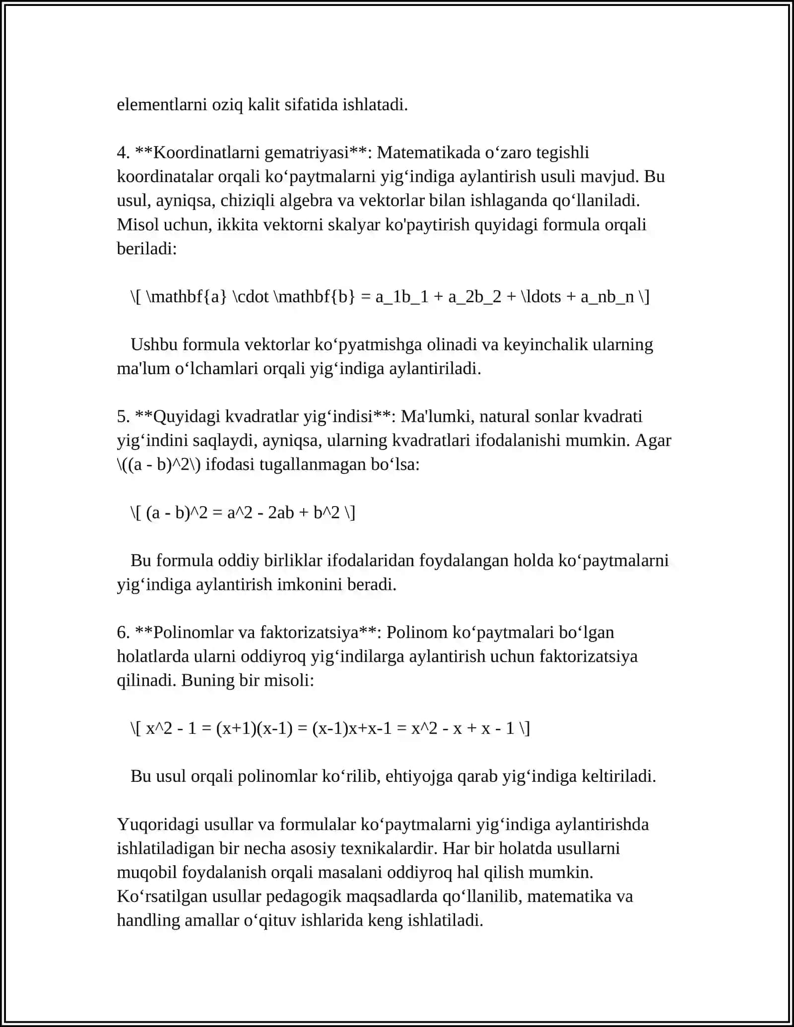 KOʻPAYTMALARNI YIGʻINDISINI HISOBLASHGA OID.TENGLAMALARNI TARQIBIY YECHISH 4