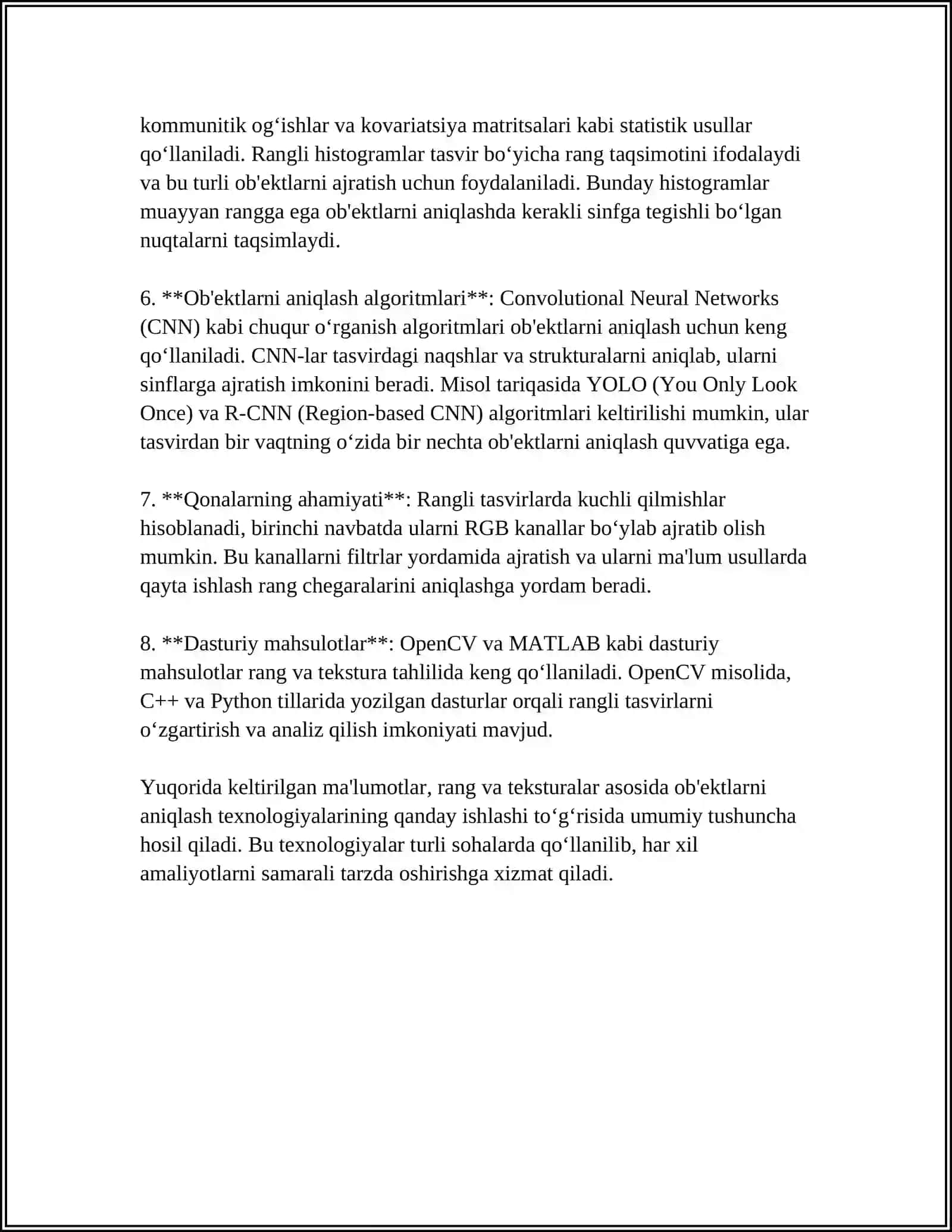 FOTOSURATLARDA OB'EKTLAMI TANIB OLISH UCHUN TASVIMI QAYTA ISHLASH USULLARINI QIYOSIY TAHLIL QILISH 4
