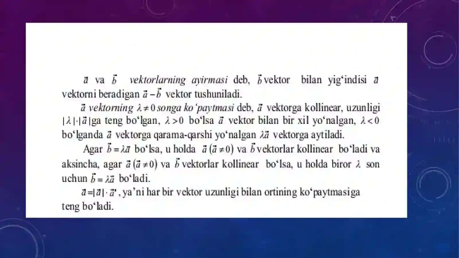 Vektorlar Ustida chiziqli amallar bajarish. VektorNing o‘qdagi proyeksiyasi. Yo‘naltiruvchi sinuslar 4