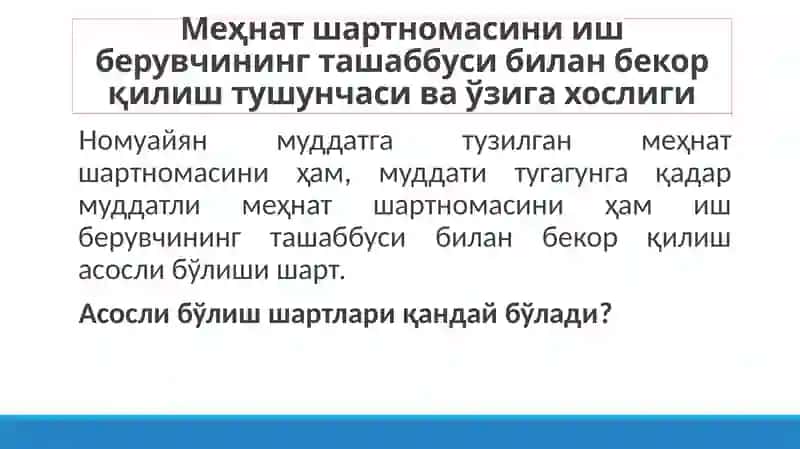 Меҳнат шартномасини иш берувчининг ташаббусига кўра бекорқилиш 4