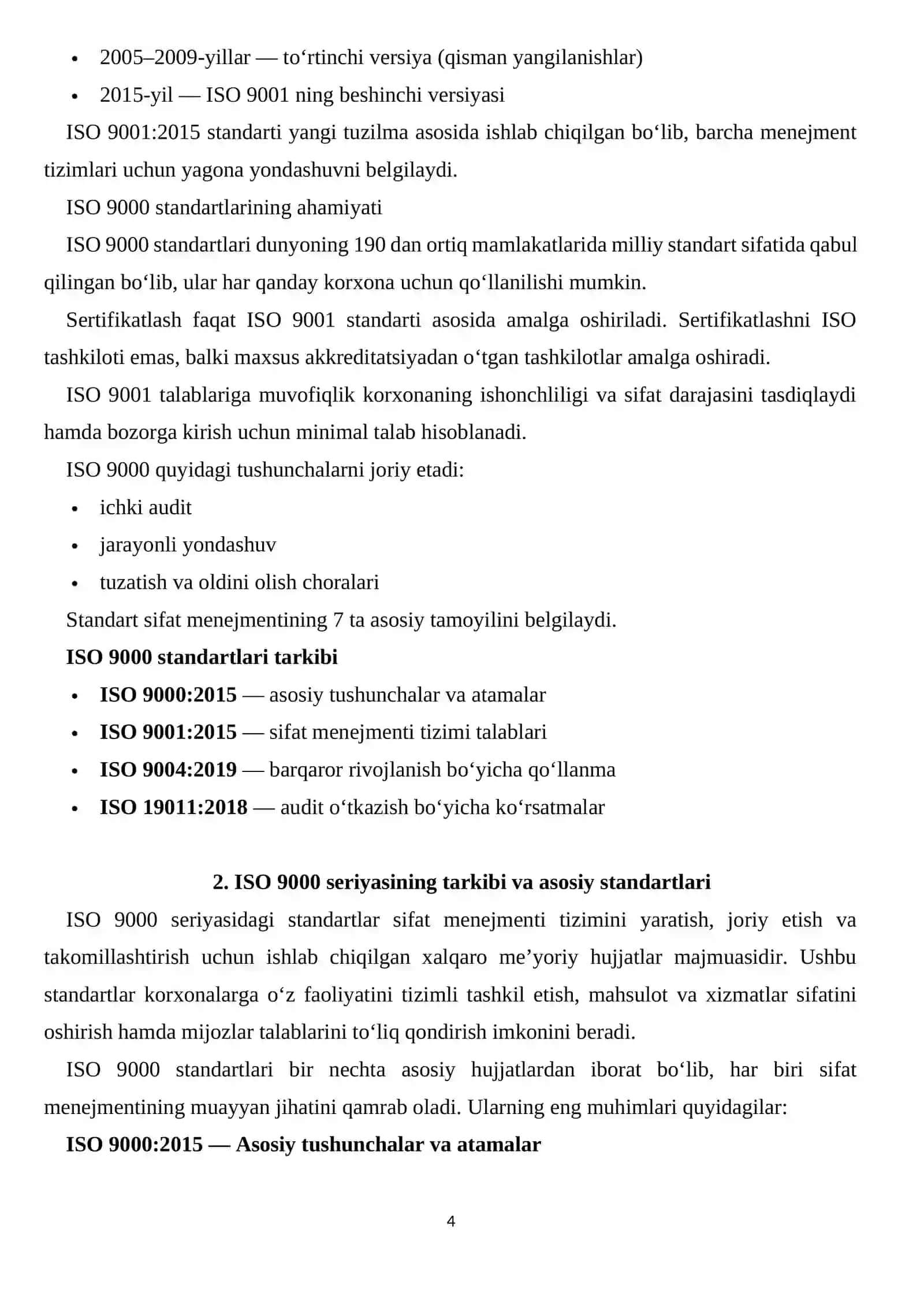 Xalqaro ISO 9000 seriyasidagi standartlar bo‘yicha ishlarni tashkil qilish 4