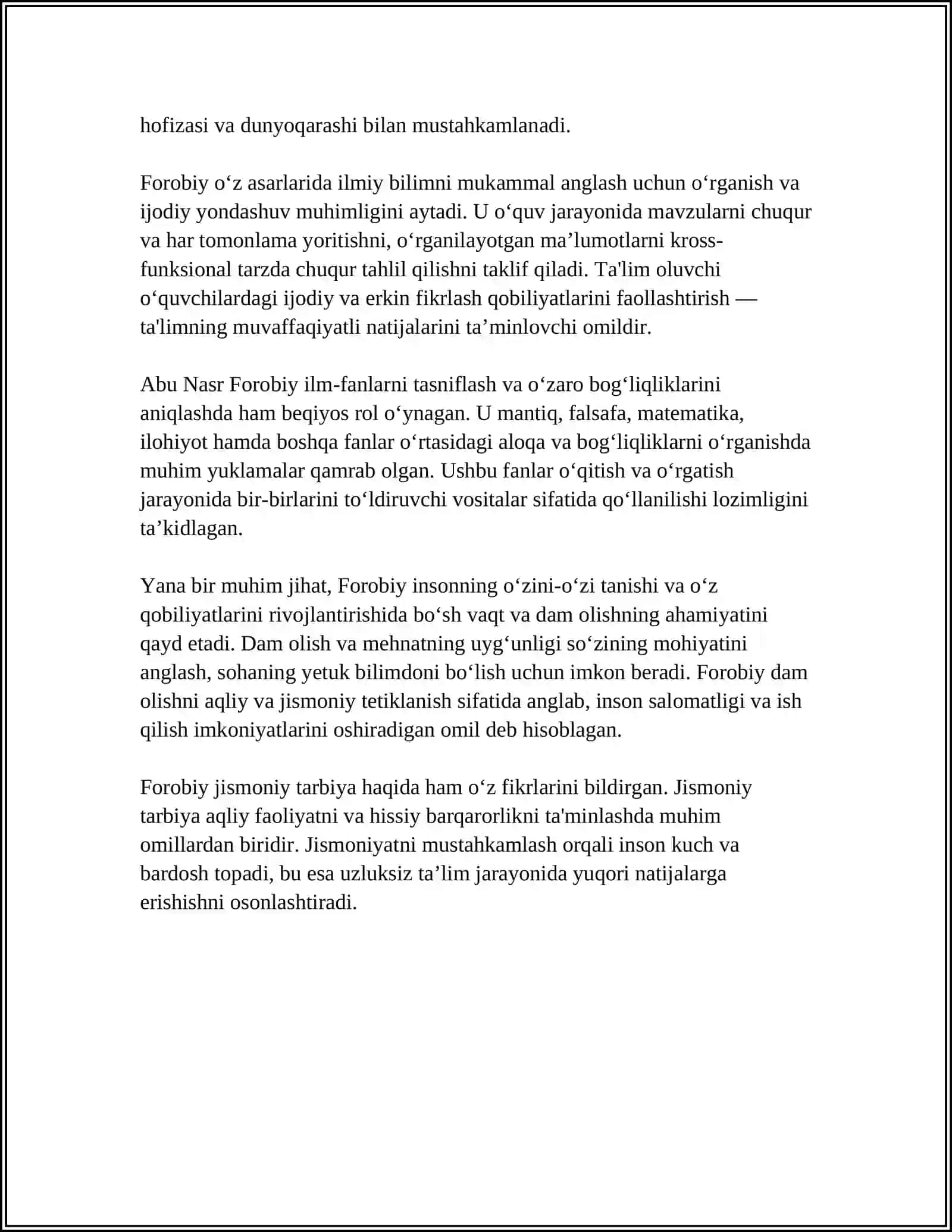 ABU NASR FOROBIYNING PEDAGOGIK GʻOYALARI. ABU ALI IBN SINONING TALIM TARBIYA HAQIDA 4