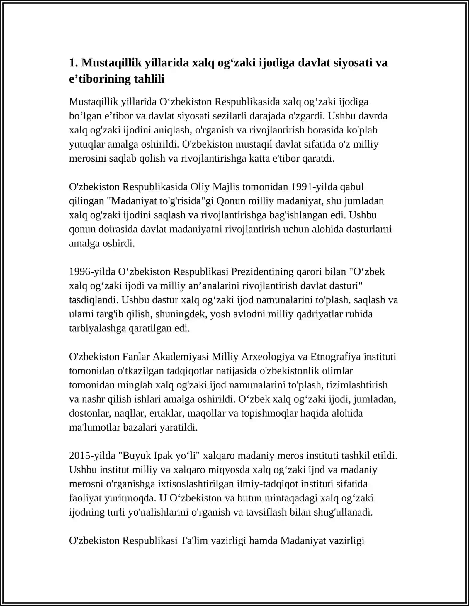 XALQ OGZAKI IJODIGA MUSTAQILLIK YILLARIDA QARATILGAN ETIBOR.OZBEK FOLKLORINI HAR JIHATDAN KENG KOLAMDA ORGANISHGA YARATILGAN IMKONIYATLARNI TAHLIL QILISH 4