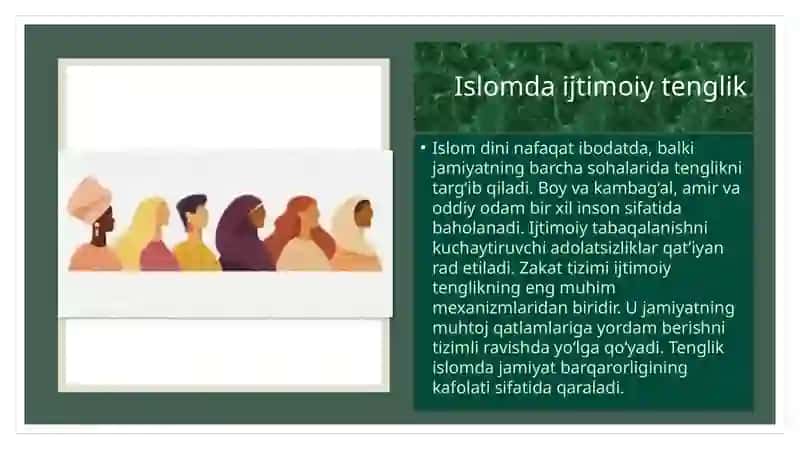 Islomda inson huquqlari himoyasi , ijtimoiy tenglik, adolat va tolerantlik mavzusida slayd 4