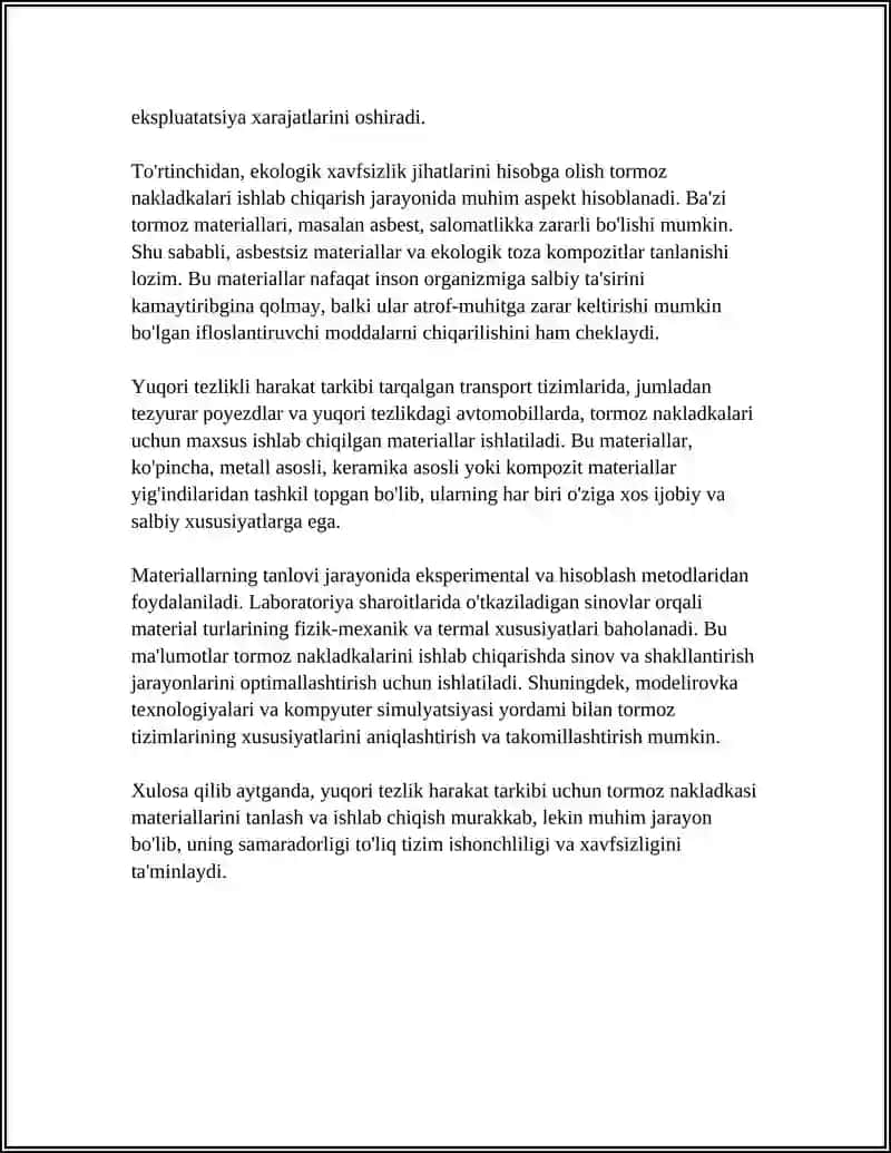 Yuqori tezlikli harakat tarkibida tormoz nakladkasi materiallarining tanlanishi va ishlab chiqilishi 4