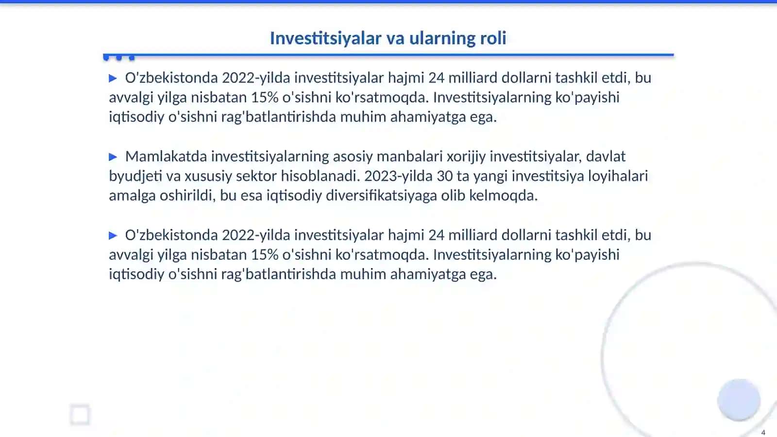 O'zbekistonda iqtisodisodiy osishning yuqori sur'atlarini ta'minlash omillari va natijalari 4