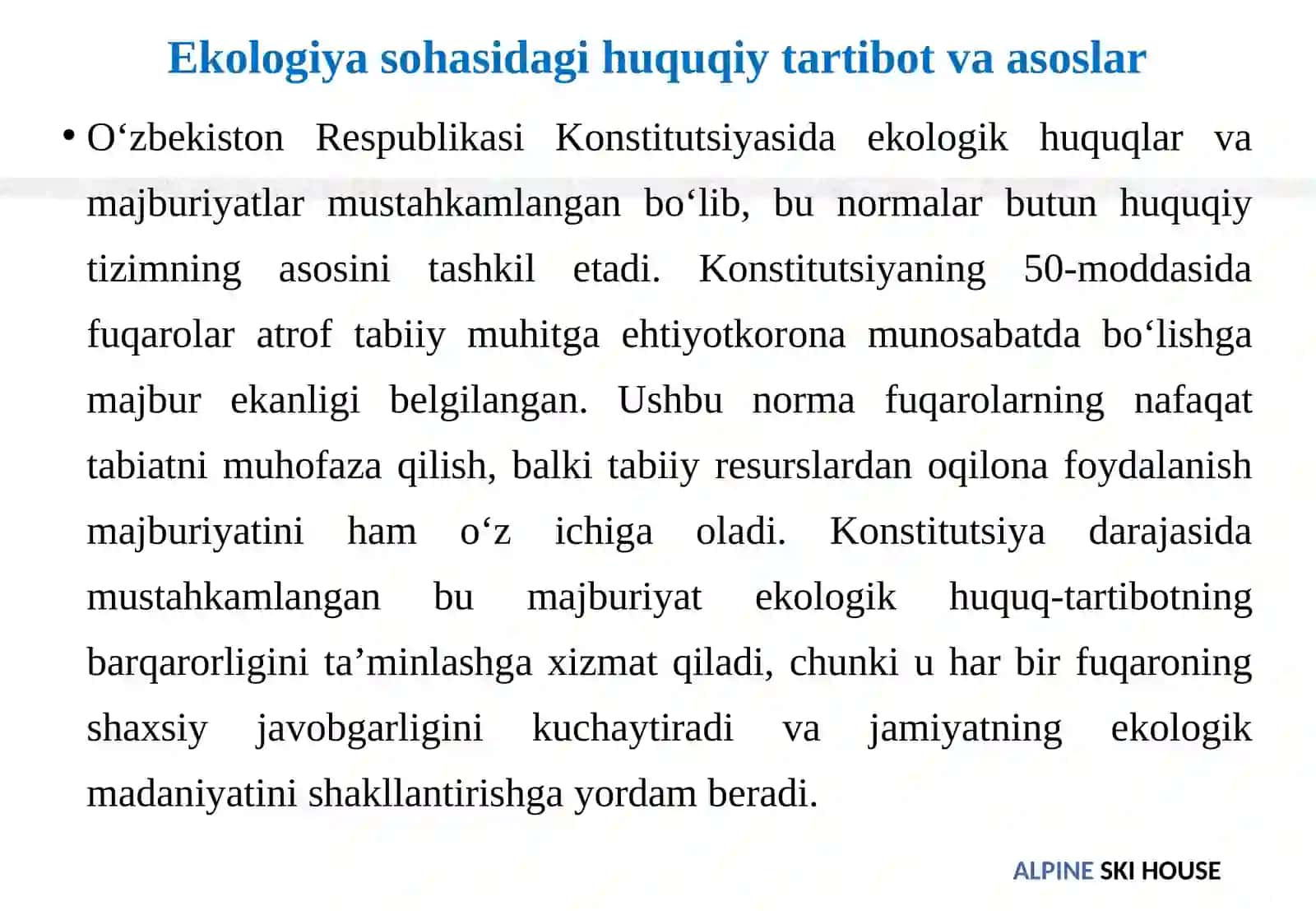 Ekologiya, atrof-muhitni muhofaza qilish va tabiatdan foydalanish sohasidagi ma’m 4
