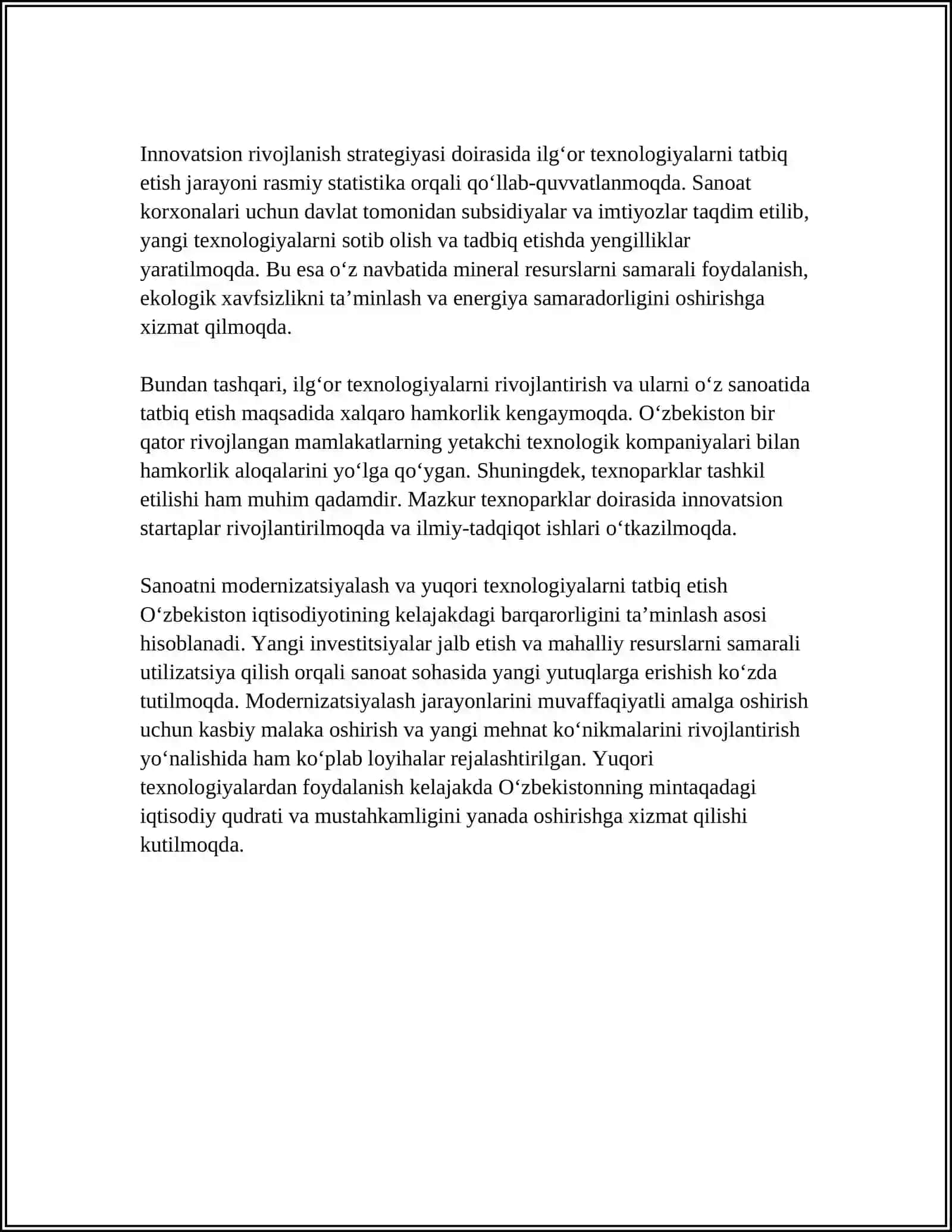 O‘ZBEKISTONDA IQTISODIYOTNI MODERNIZATSIYALASHNING USTUVOR YO‘NALISHLARI 4