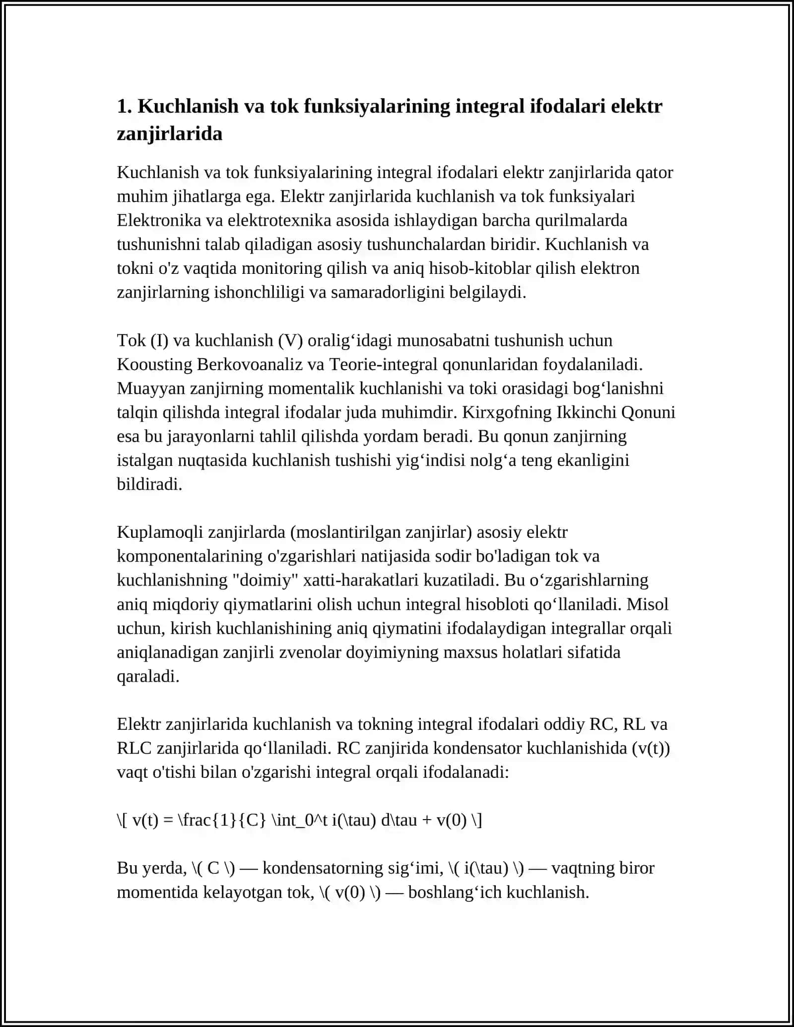 ELEKTR ZANJIRLARI TAHLILIDA INTEGRAL HISOB TATBIQLARI 4