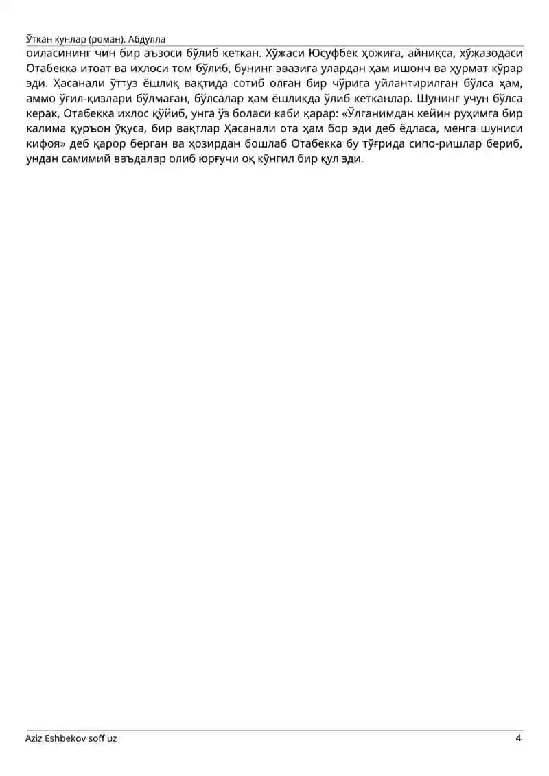 Oʻtkan kunlar Abdulla Qodiriy Romani 4