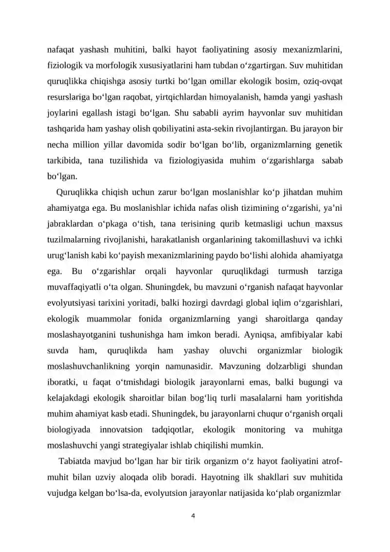 Suvda hamda quruqlikda yashovchilar: quruqlikka chiqish sabablari va moslanish xususiyatlari 4
