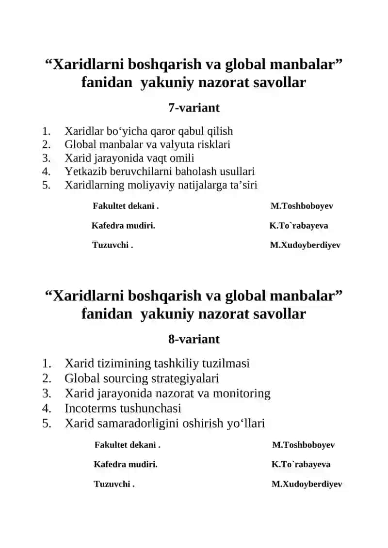 Xaridlarni boshqarish va global manbalar 4