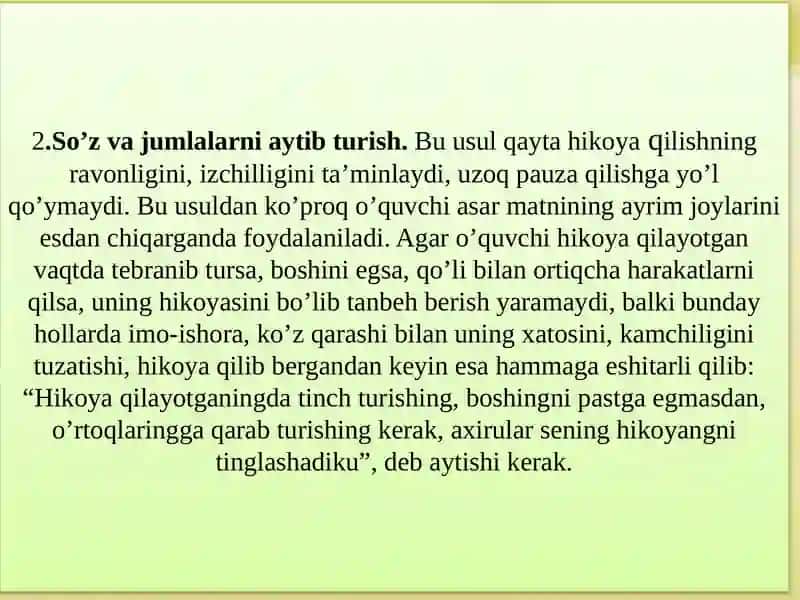 Matn mazmunini qayta hikoyalash va o‘zlashtirishda ijodiy ishlar. 4