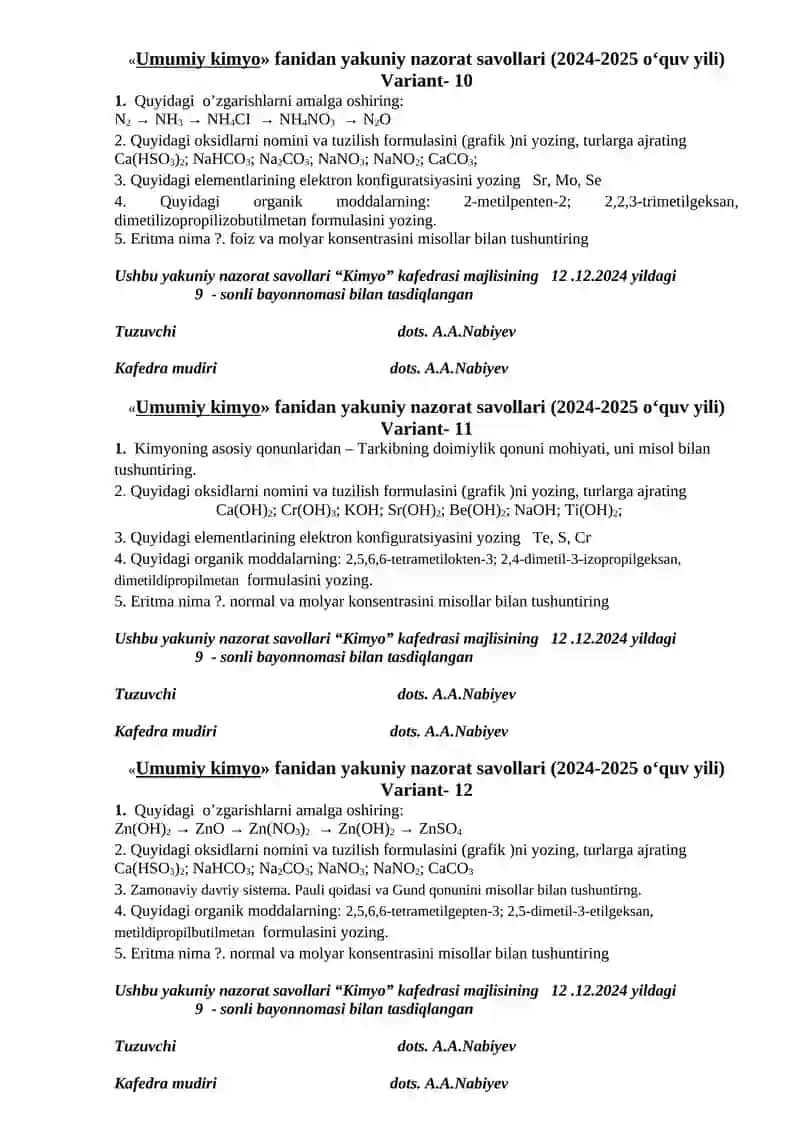 Umumiy kimyo fanidan yakuniy nazorat savollari (2024-2025 o‘quv yili) - Variant 1 4