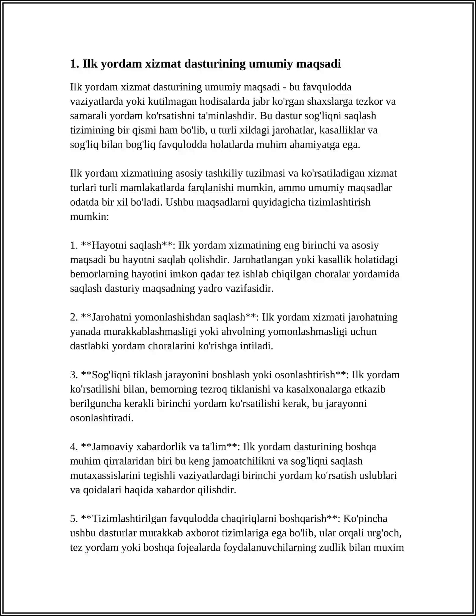 ILK YORDAM HIZMAT DASTURNI TAHLIL IJOBIY TOMONLARI KAMCHILIKLARI 4