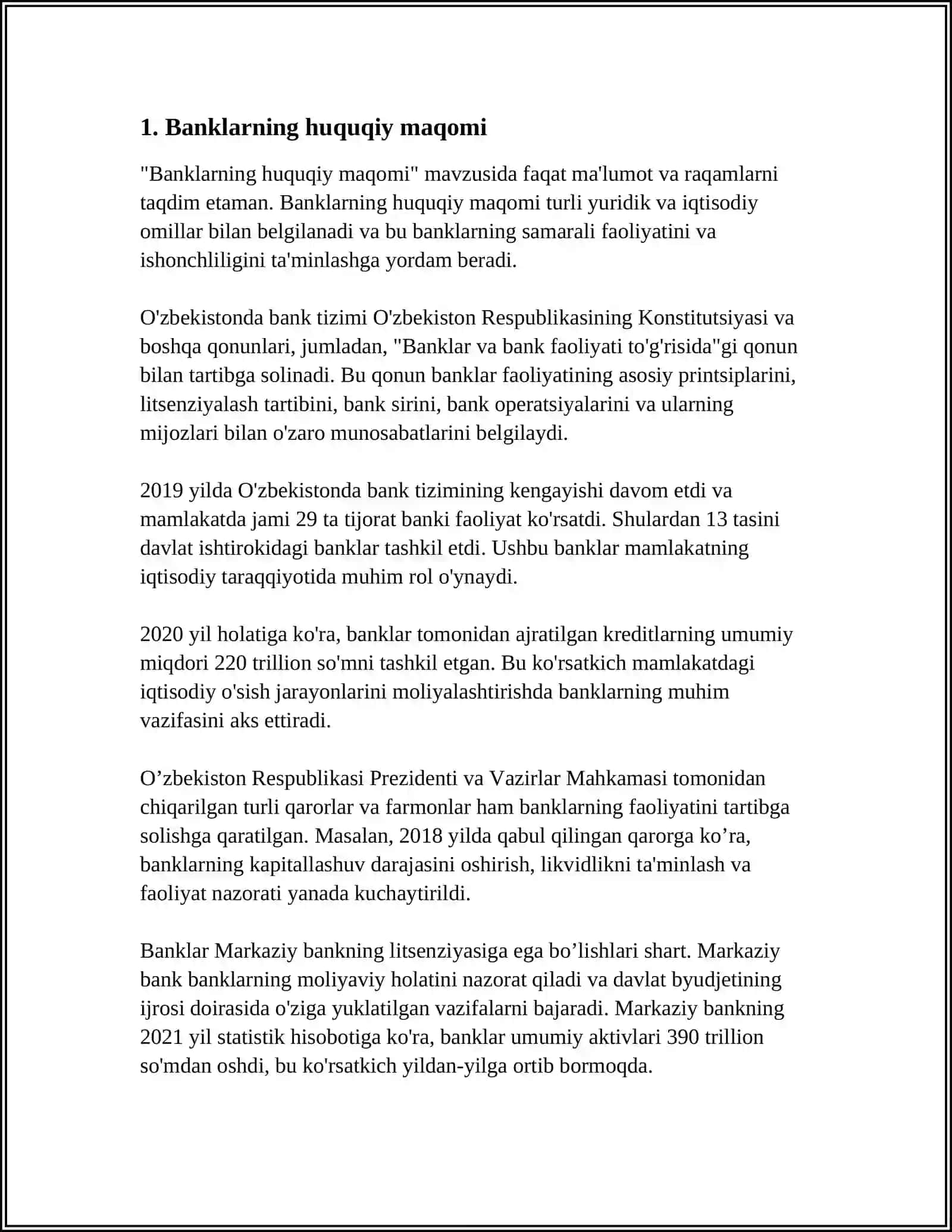 MUSTAQIL ISH Mavzu: TIJORAT BANKLARINI TASHKILIY TUZILISHIGA TAʼSIR QILUVCHI OMILLAR 4