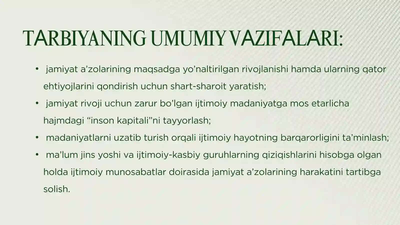 Tarbiya nazariyasi.  Boshlang‘ich ta’limda o‘quvchilarning ilmiy dunyoqarashini shakllantirish.  Aqliy tarbiya.  Boshlang‘ich ta’limda tarbiya turlari.  Boshlang‘ich sinflarda o‘quvchilar jamoasini shakllantirish bosqichlari.  Ta’lim muassasasi menejmenti.  Boshlang‘ich ta’limda Xalqaro baholash dasturlari (Programme for the International Assesment). Boshlang`ich ta’limda Korreksion pedagogika asoslari. 4