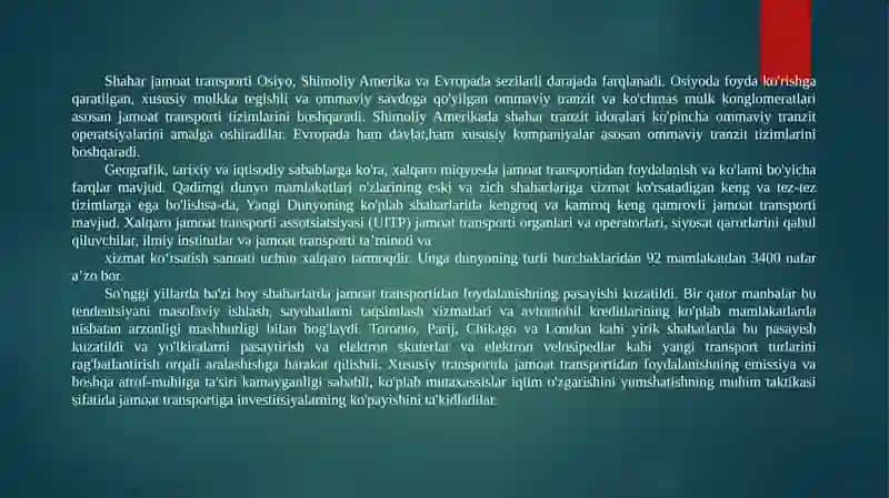 Shahar jamoat transporti turlarining xususiyatlari 4