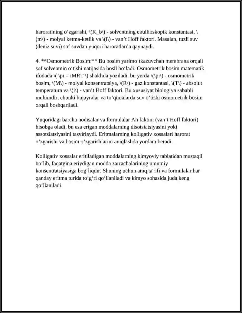 ERITMALARNING KOLLIGATIV XOSSALARI. OSMOS HODISASI 4