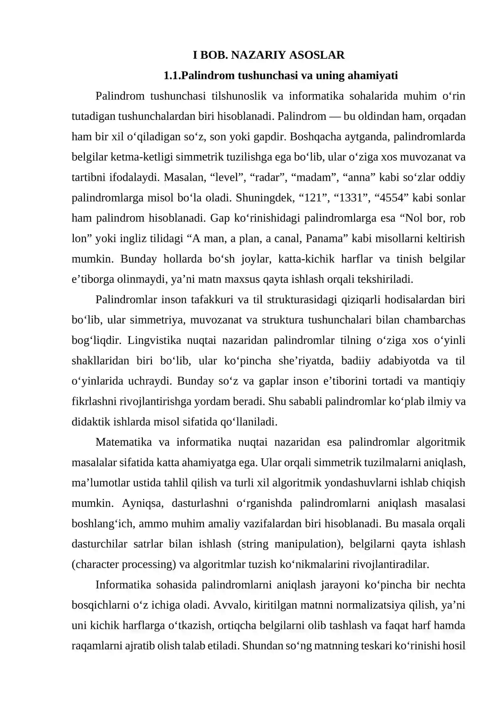 PALINDROM ANIQLASH DASTURINING AMALIY ISHLANMASI 4