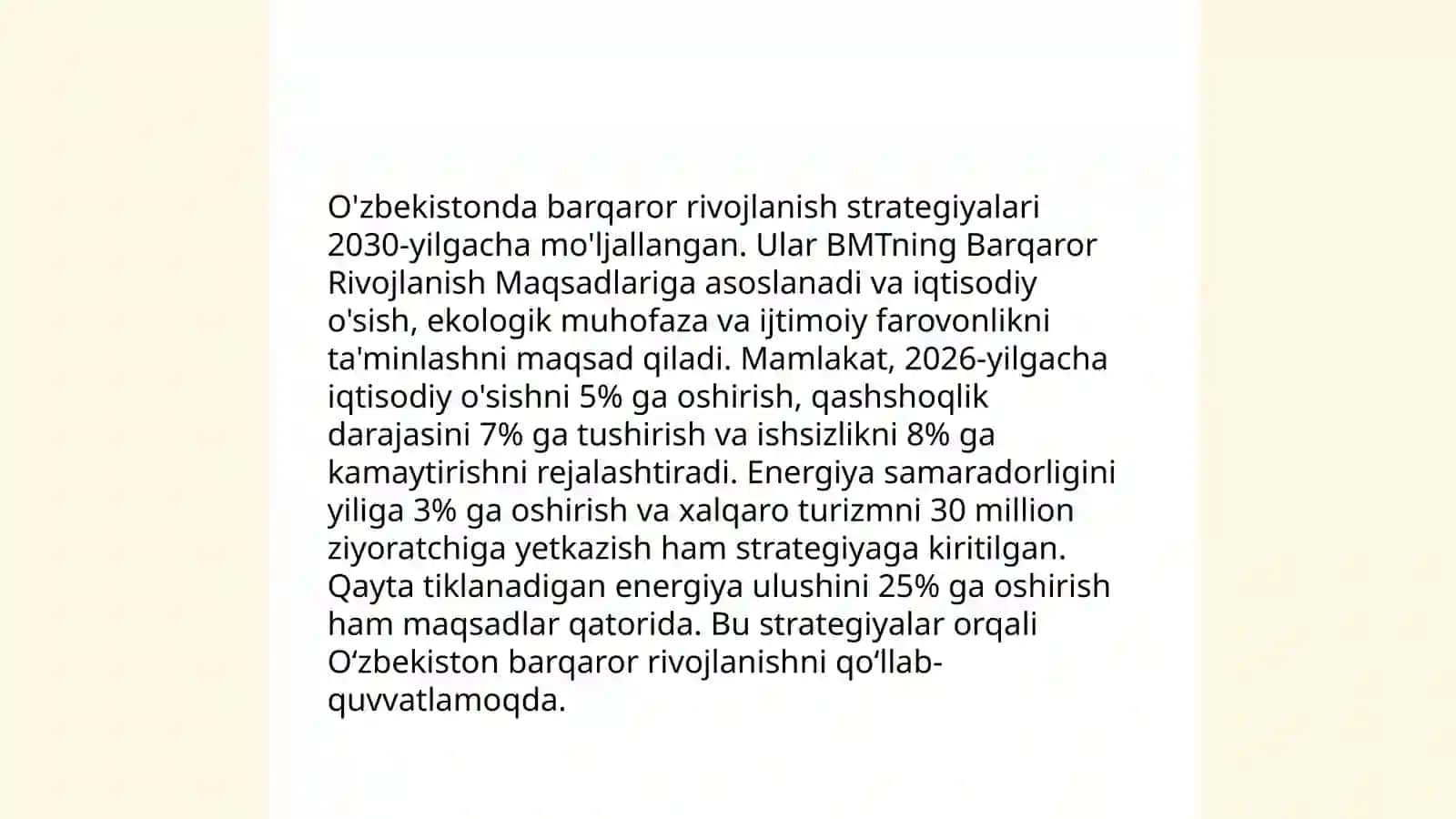 Barqaror rivojlaish talablari va ularning O'zbekistonda tadbiq qilinishi 4