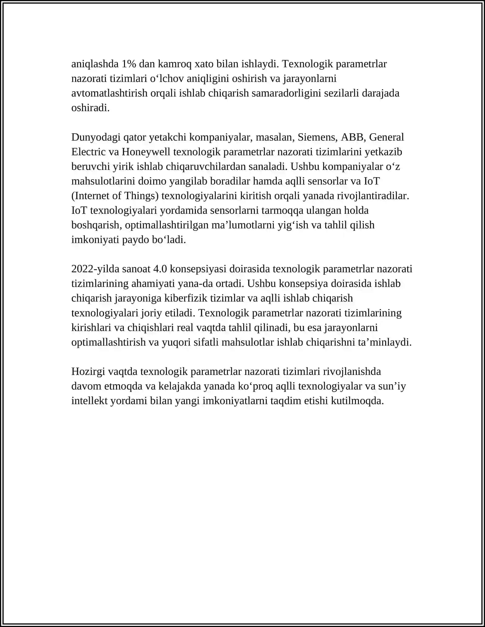 HAR BIR TEXNOLOGIK PARAMETR BO‘YICHA NAZORAT QILISH TIZIMINI TUZUSH VA TIZIMNING TASHKIL ETUVCHILARI VA O‘LCHASH VOSITALARINI ISHLASHINI TAMINLOVCHI SILJITUVCHI KUCH VA MANAMETRLAR KETMA KETLIGI 4