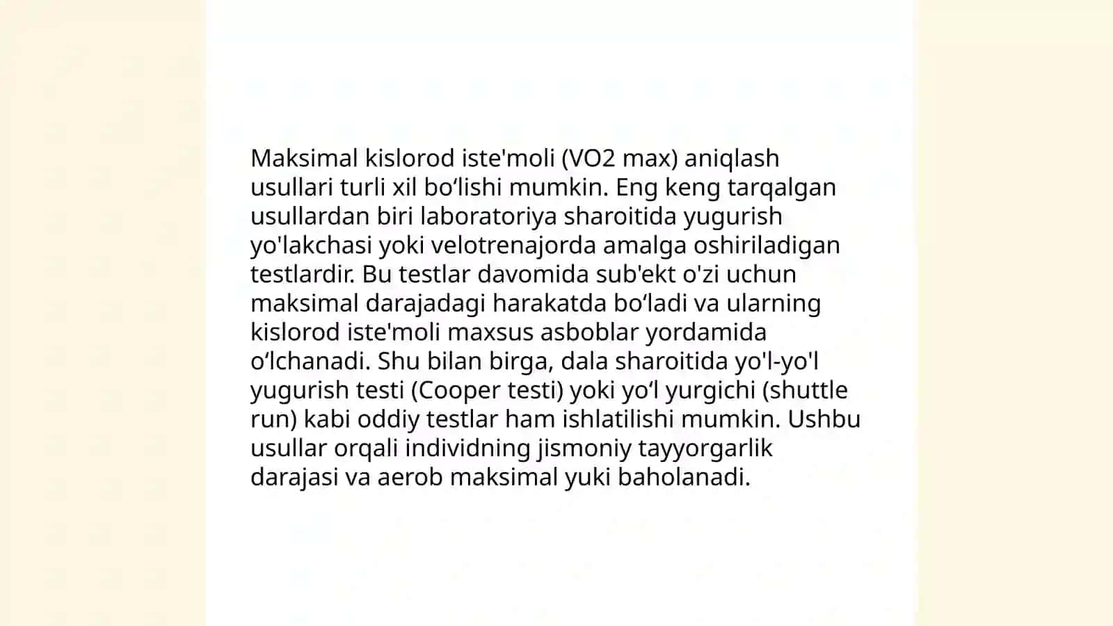 Jismoniy ish qobilyatini koslarodni maksimal iste'moli körsatkichi böyicha baholash 4