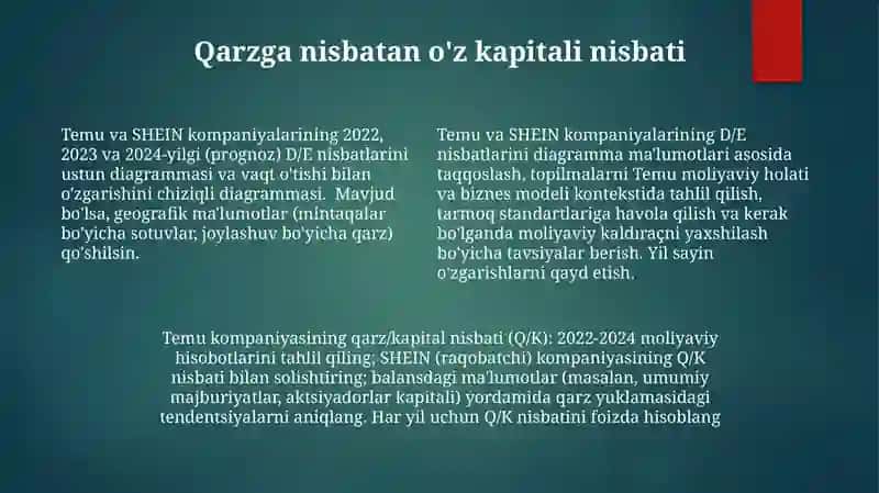 TEMU korxonasining moliyaviy holatini qiyosiy tahlilini diagrammalar orqali tuzib ber 4