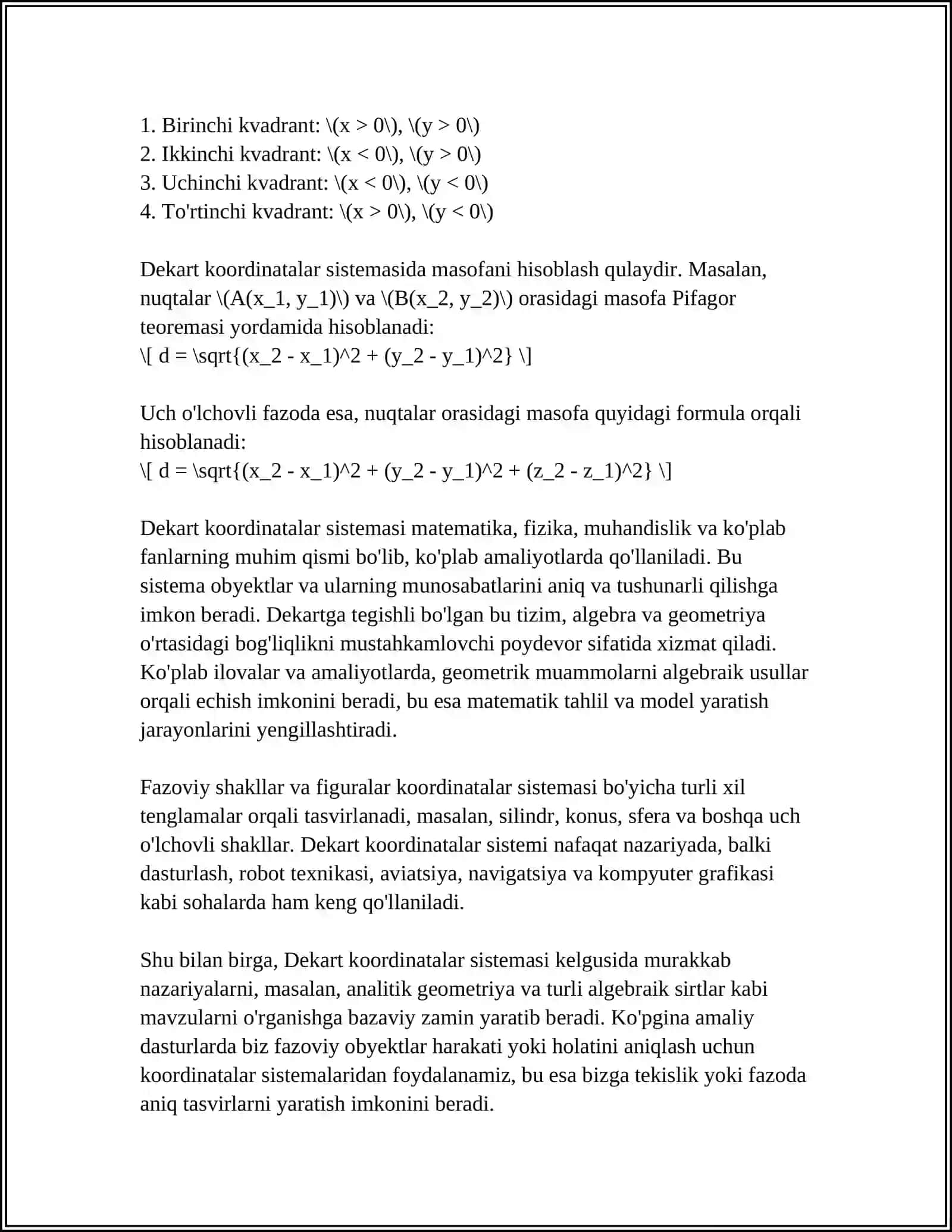 TEKISLIKDA DEKART KOORDINATALAR SISTEMASI.TEKISLIKDA TOʻGʻRI CHIZIQ 4