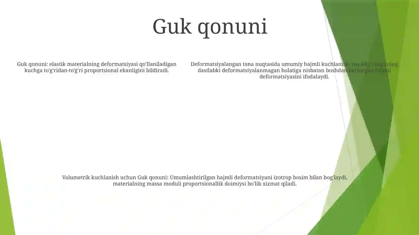 Deformatsiyalanuvchi Jism Nuqtalaridagi Umumlashgan Hajmiy Kuchlanish.Guk Qonuni 4