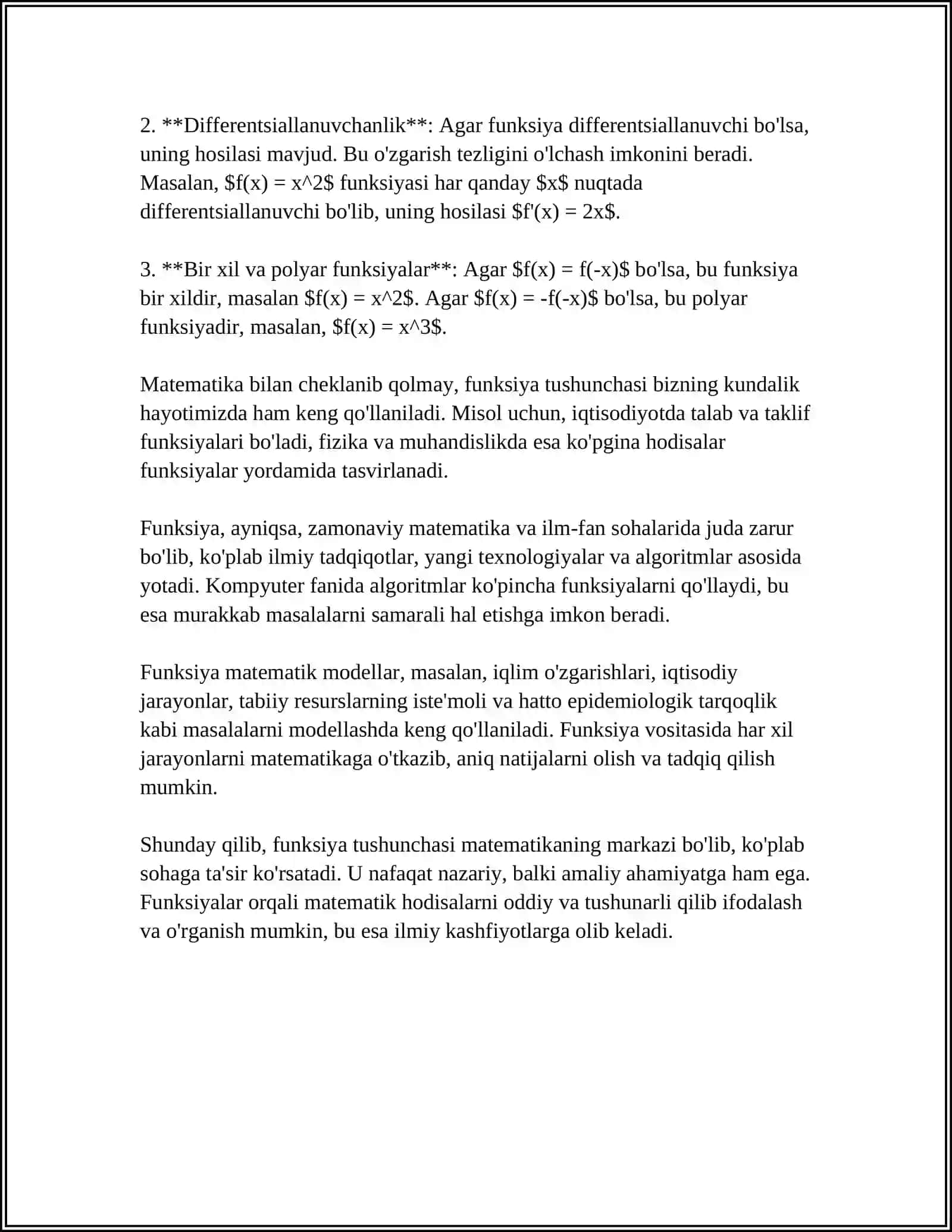 MUSTAQIL ISH Mavzu: FUNKSIYA VA UNING XOSSALARI 4