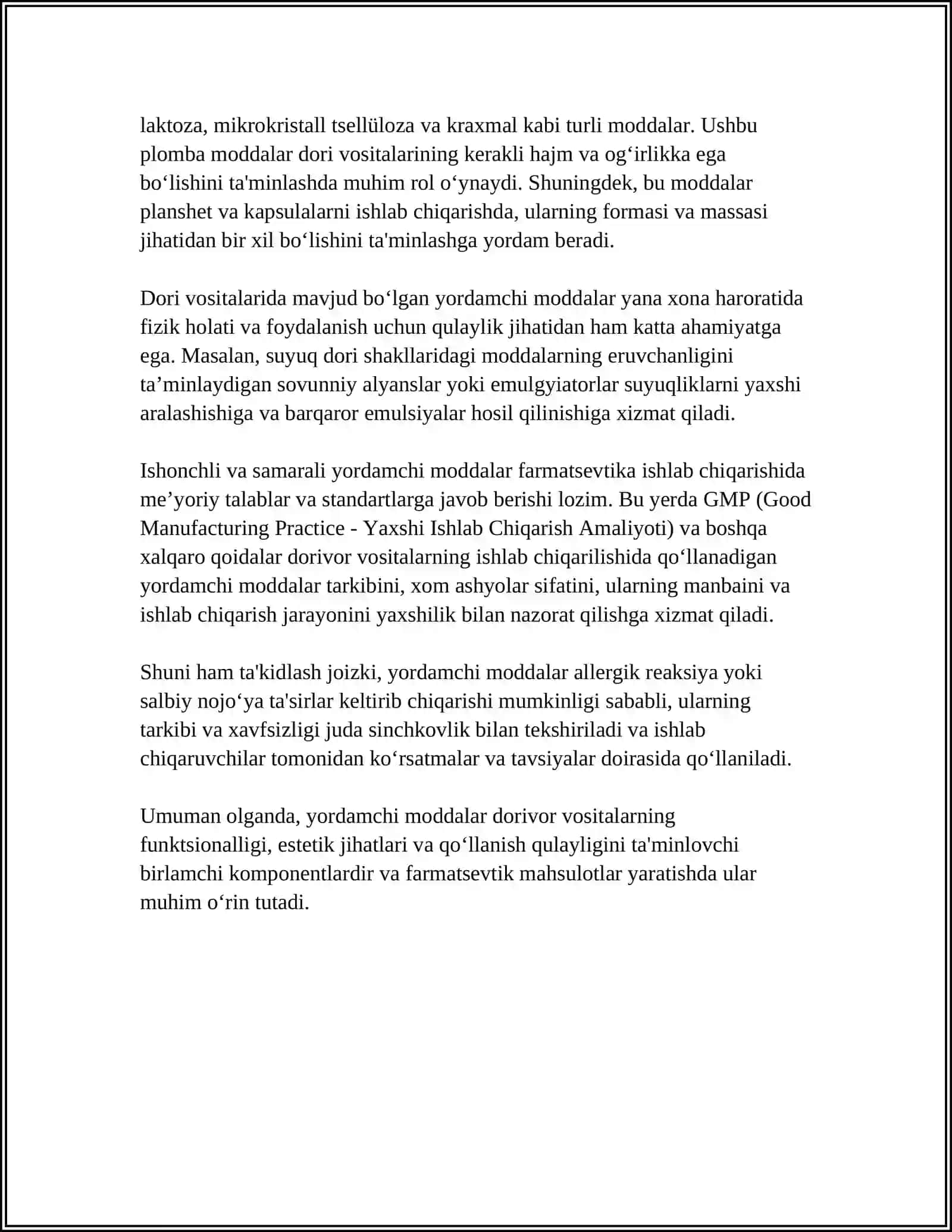 TAYYOR DORI VOSITALARINI ISHLAB CHIQARISHDA ISHLATILADIGAN YORDAMCHI MODDALAR 4