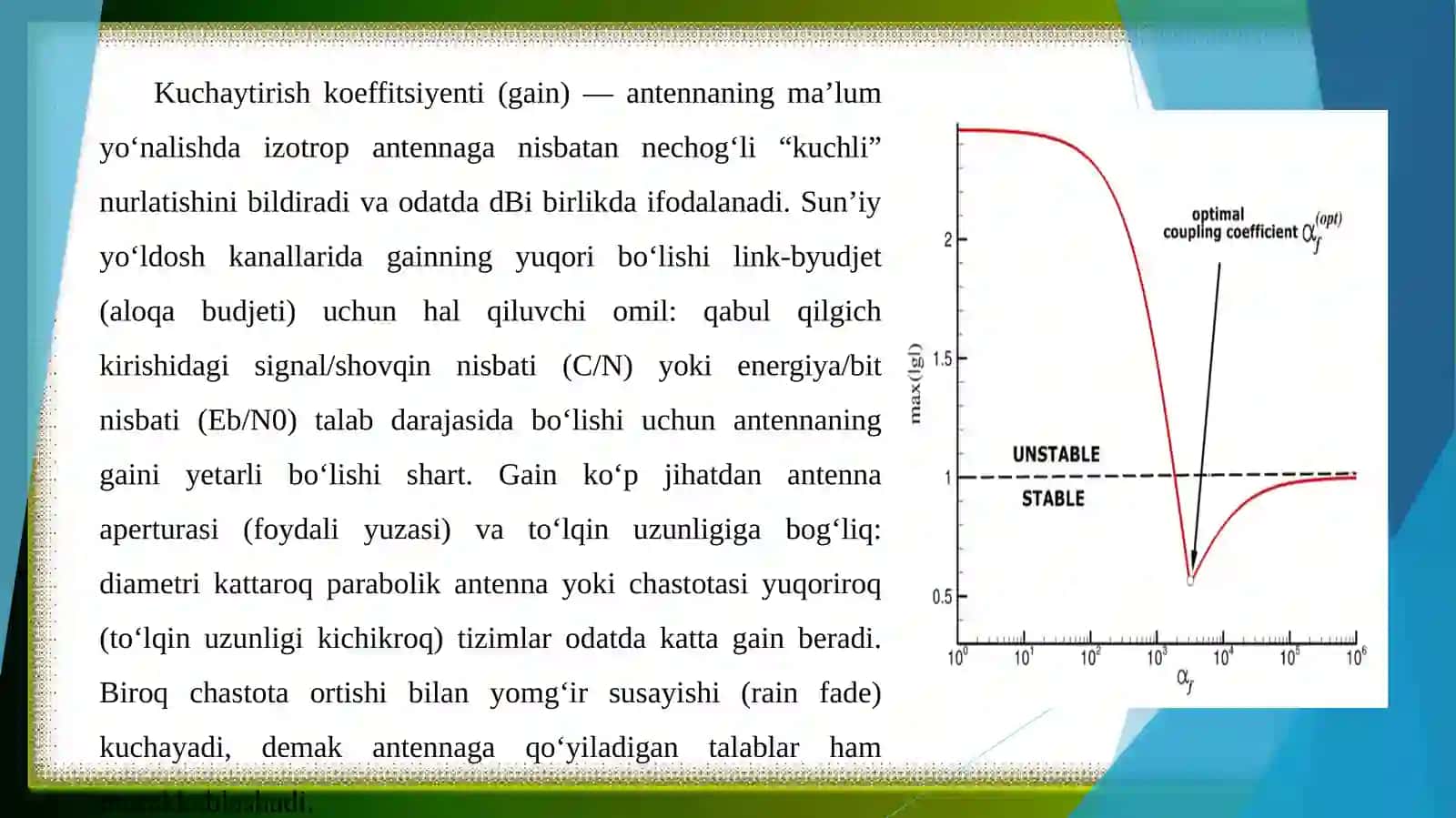 Sunʼiy yoʻldoshli aloqa antennalarning asosiy xususiyatlari. Antennalar turlari. 4