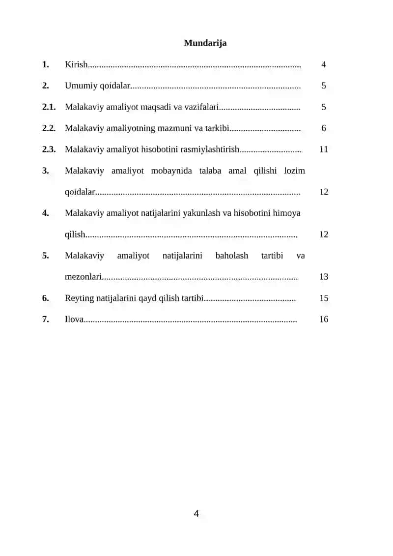 Iqtisodiyot (tarmoqlar va sohalar bo‘yicha) ta’lim yo‘nalishi bitiruvchi kurs talabalari uchun MALAKAVIY AMALIYOTNI O‘TISh BO‘YICHA DASTUR 4