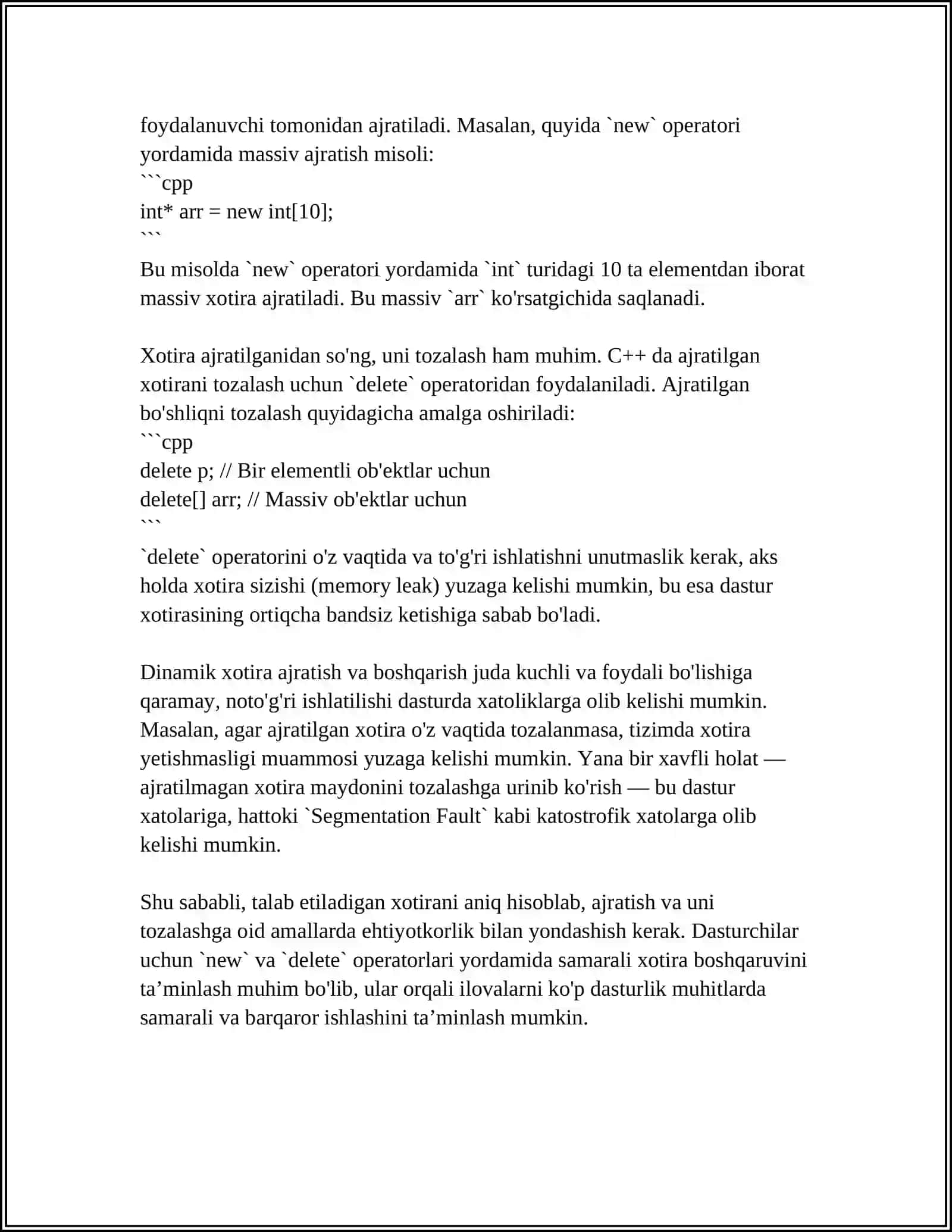 C++ DASTURLASH TILIDA XOTIRANI AJRATILGAN QISMINI BO‘SHATISH UCHUN UCHUN QAYSI OPERATORDAN FOYDALANISH MUMKIN? 4