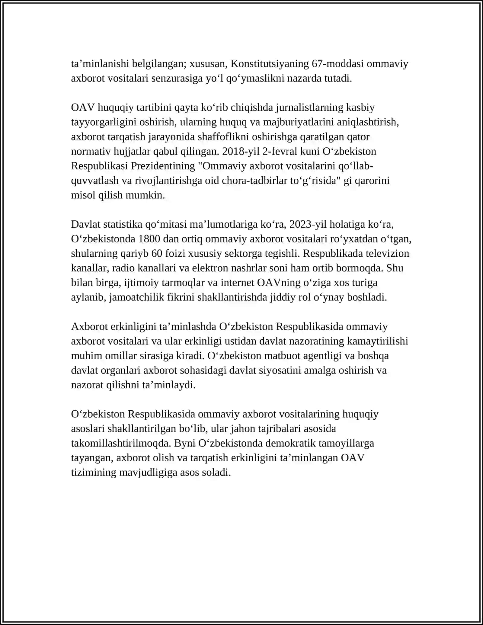 Oʻzbekiston Respublikasida Ommaviy Axborot Vositalarining Faoliyati 4