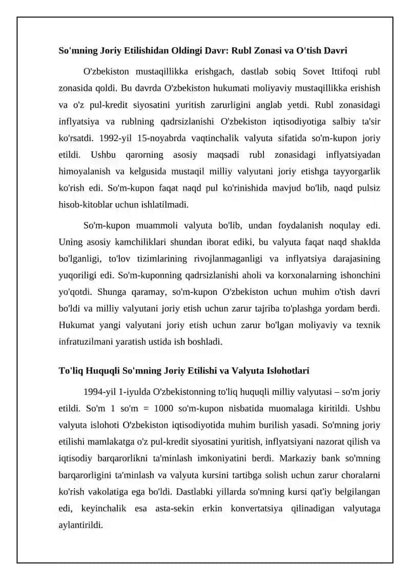 O'zbekiston Respublikasi milliy valyutasi va uning ta'sis etilishi 4