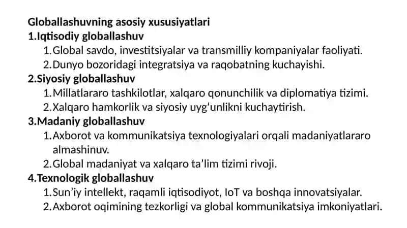 Globallashuv, globalistika va barqaror taraqqiѐtning ustuvor yo’nalishlari mavzusida esse tayѐrlash va uning taqdimotini o’tkazish 4