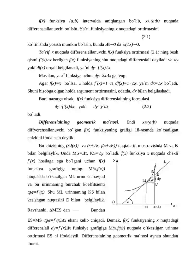 Differensiallanuvchi funksiyaning uzluksizligi. Differensialning geometric va mexanik ma`nosi 4