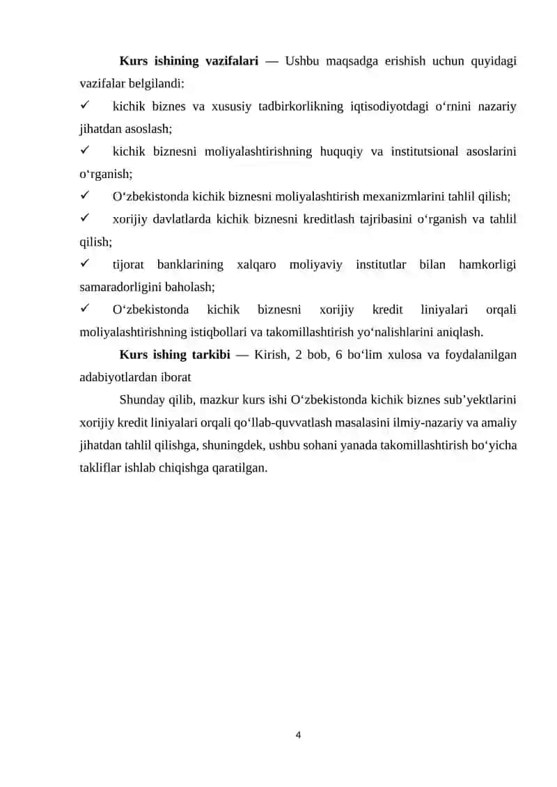 O‘ZBEKISTON KICHIK BIZNESNI XORIJIY KREDIT LINIYALARI ORQALI MOLIYALASH 4