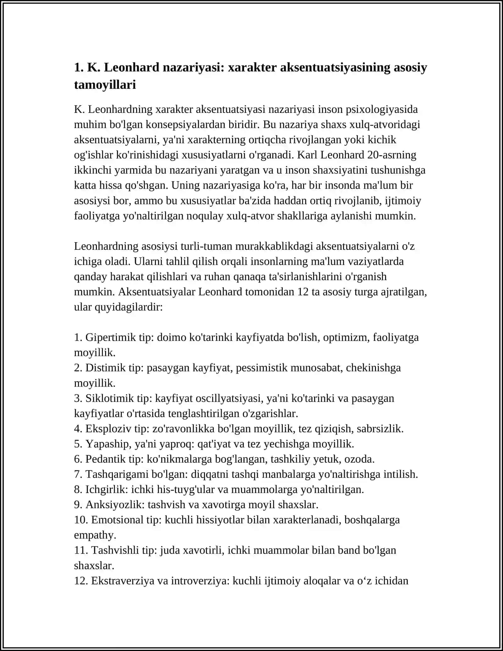 XARAKTER AKSENTUATSIYASI. MULOQOT USLUBLARINI BAHOLASHDA AKSENTUATSIYA-NING MA’LUM TIPLARI. (K. LEONGARD BO‘YICHA) 4