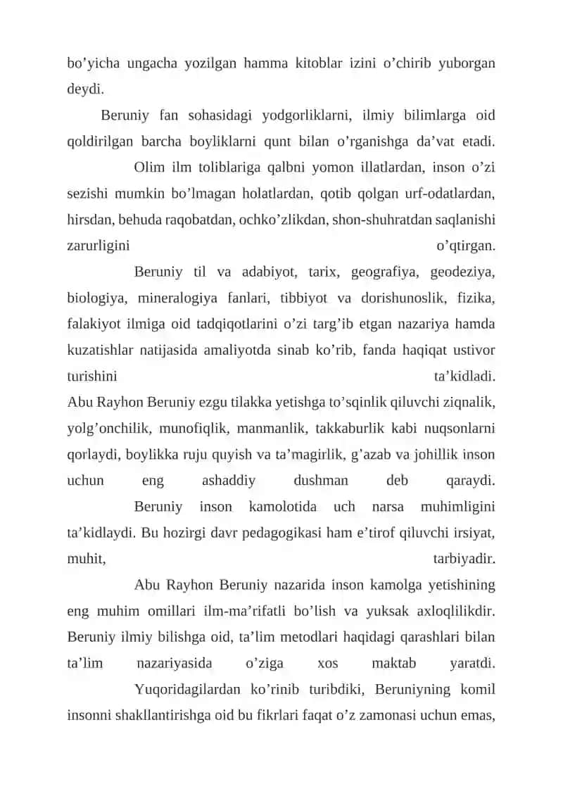 Abu Rayxon Beruniyning ilmiy merosi va uning pedagogika fan taraqqiyotidagi o’rni 4
