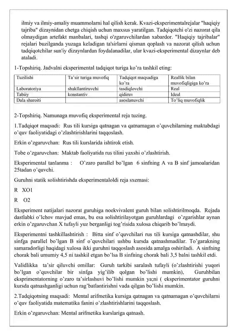 eksperimental psixologiya. Tadqiqotning eksprimental strukturasi. Eksperimental tadqiqotni rejalashtirish. 4