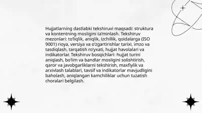 Sifat menejmenti tizimi hujjatlarini dastlabki tekshiruvi va uni sertifikatlashtirish 4