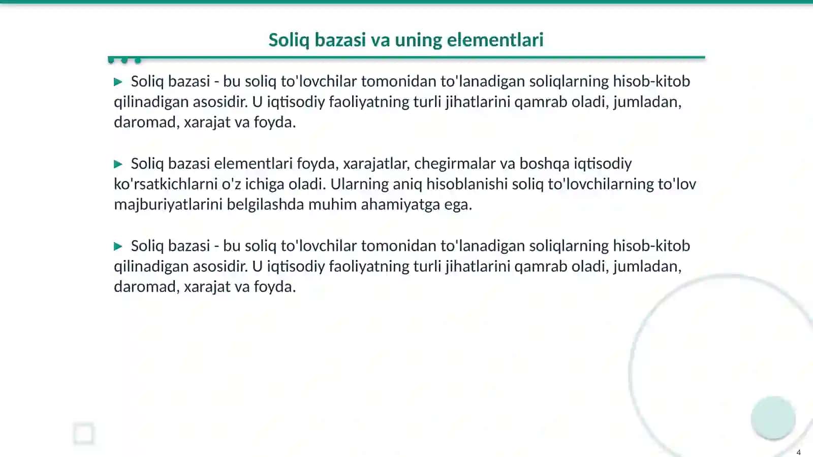 Foyda solig‘ining iqtisodiy mohiyati va soliq bazasini aniqlashda chegirilmaydigan xarajatlarning ahamiyati hamda undagi muammolar 4