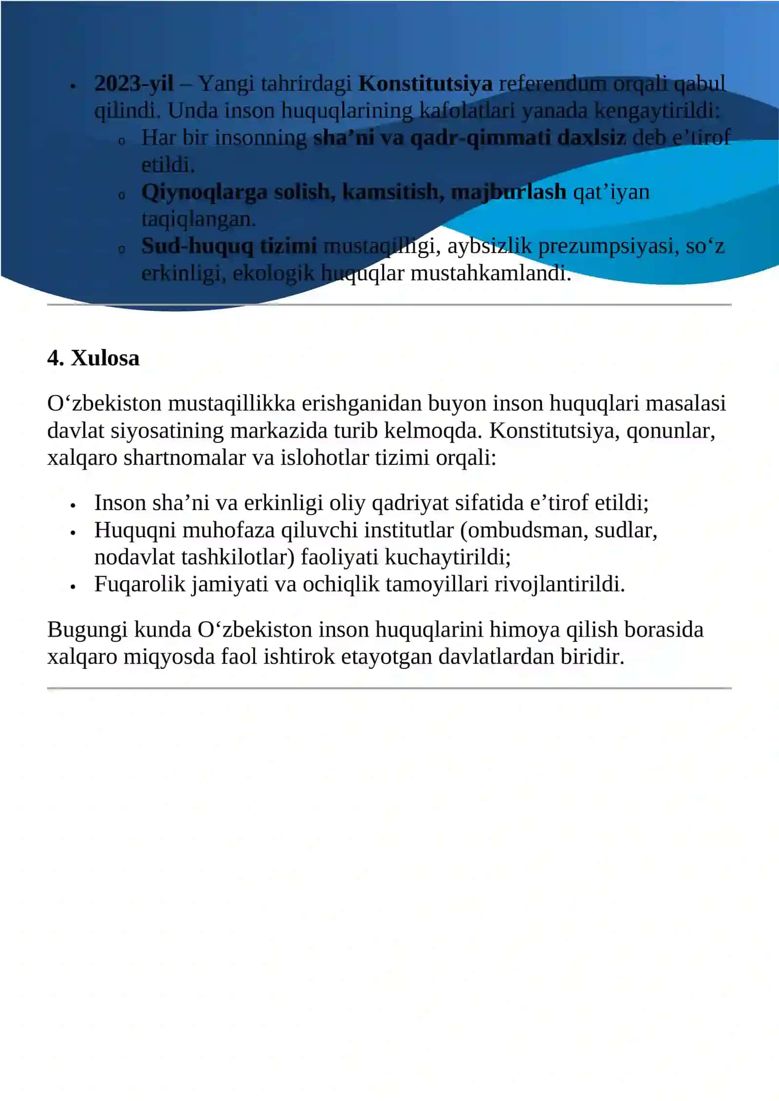 O’zbekistonning eng yangi tarixi fanidan yozgan topshirig’i 4