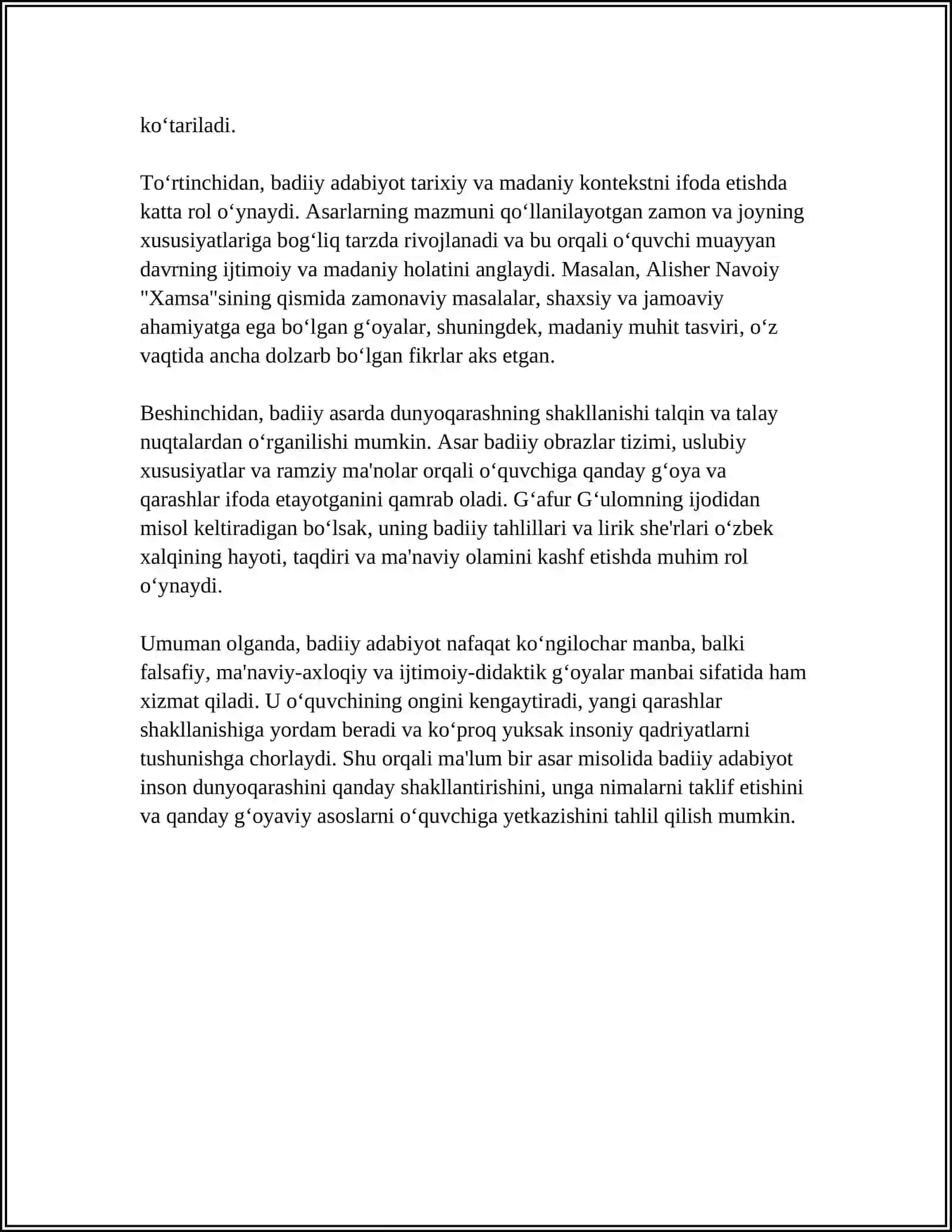 BADIIY ADABIYOTDA DUNYOQARASHI VA GʻOYAVIYLIK. MUAYYAN ASAR MISOLIDA TAHLIL 4