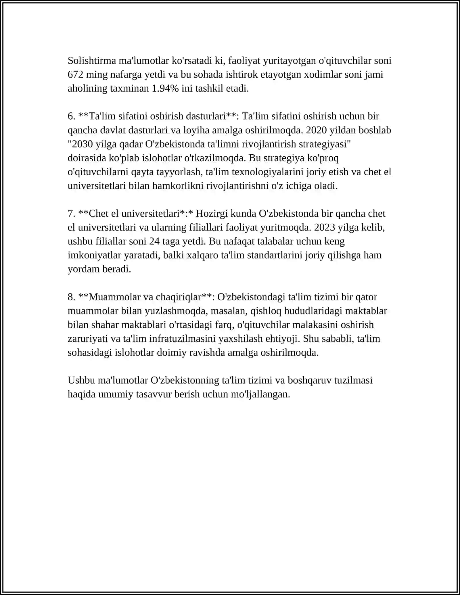 23.09.2020 YILDAGI 637-SON OʻZBEKISTON RESPUBLIKASINING "TA'LIM TOʻGʻRISIDAGI QONUN"I, MODDA VA BOBLARI MAZMUNINI TAHLIL QILIB TA'LIM SOHASIDAGI USTUVOR YOʻNALISHLARI 4