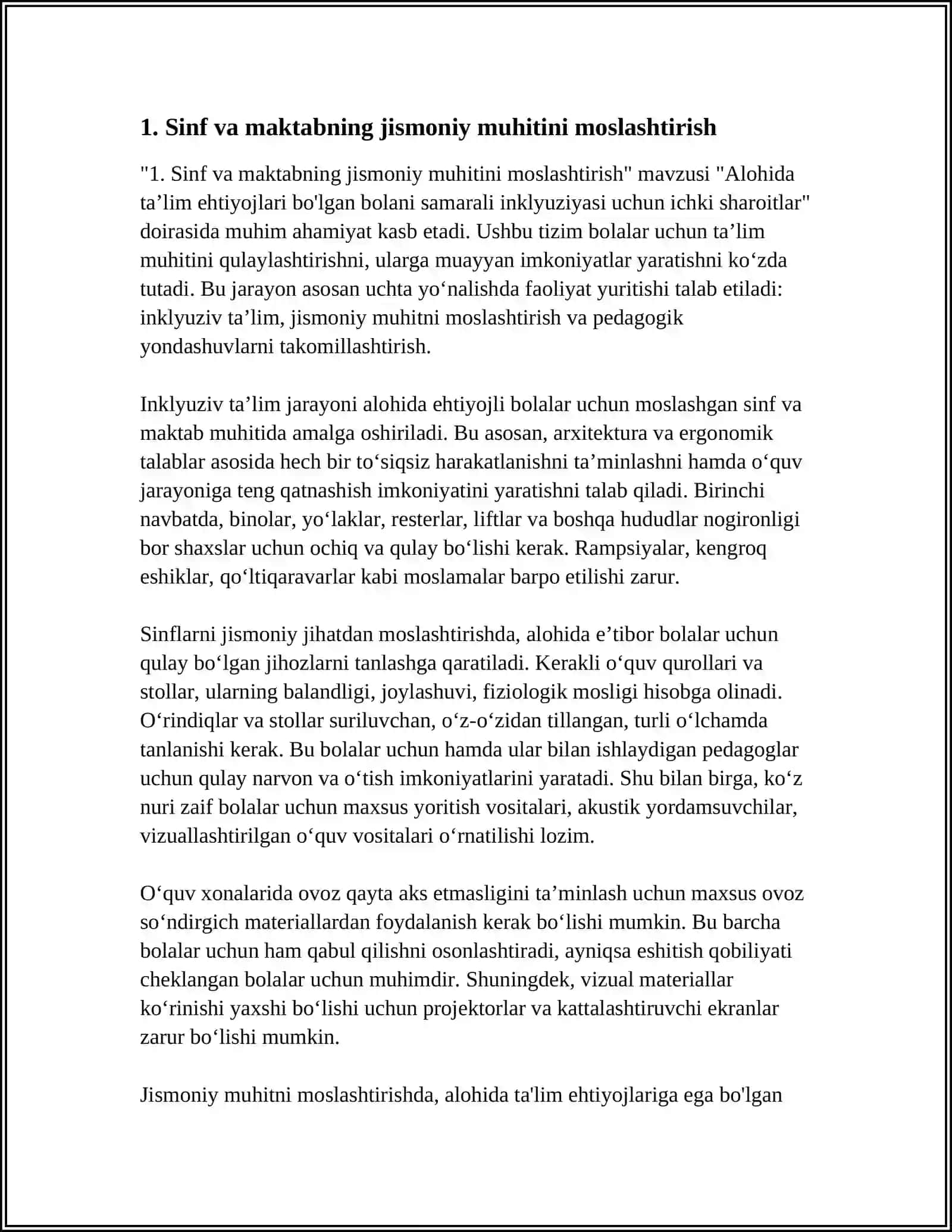 ALOHIDA TALIM EHTIYOJLARI BOLGAN BOLANI SAMARALI INKLYUZIYASI UCHUN ICHKI SHAROITLAR 4