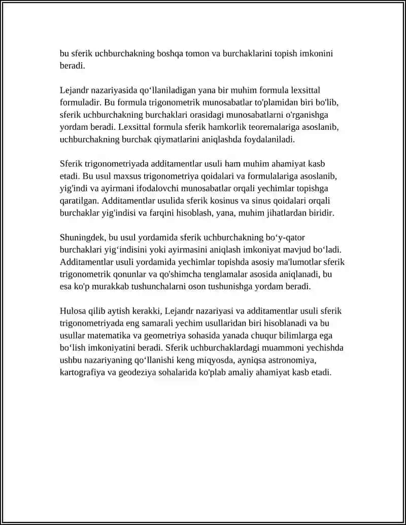 SFERIK UCHBURCHAKLARNI LEJANDR NAZARIYASI BO‘YICHA VA ADDITAMENTLAR USULIDA YECHISH 4
